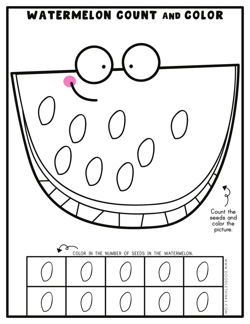 Counting to 8: students count eight seeds on the cartoon watermelon, then color 8 seeds in the ten frame to show the total