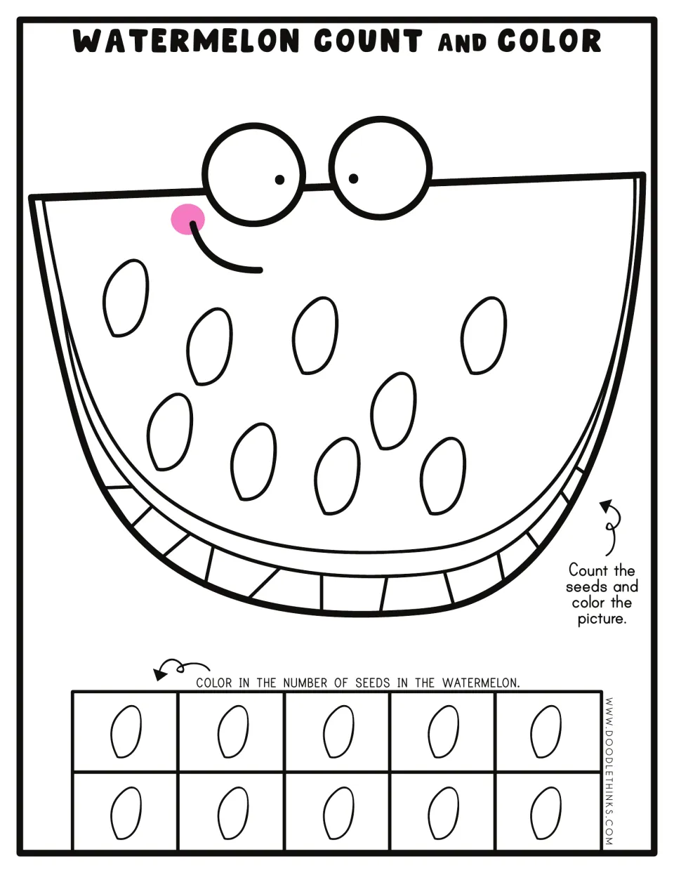 Counting to 9: students count nine watermelon seeds and color nine spaces, noticing one empty spot left in the ten frame