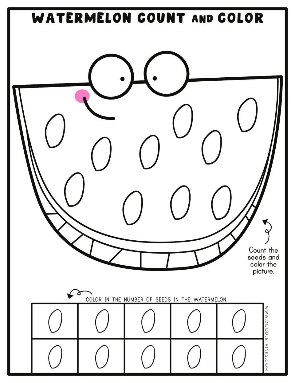 Counting to 10: students count ten seeds across the smiling watermelon and color every seed to fill the whole ten frame