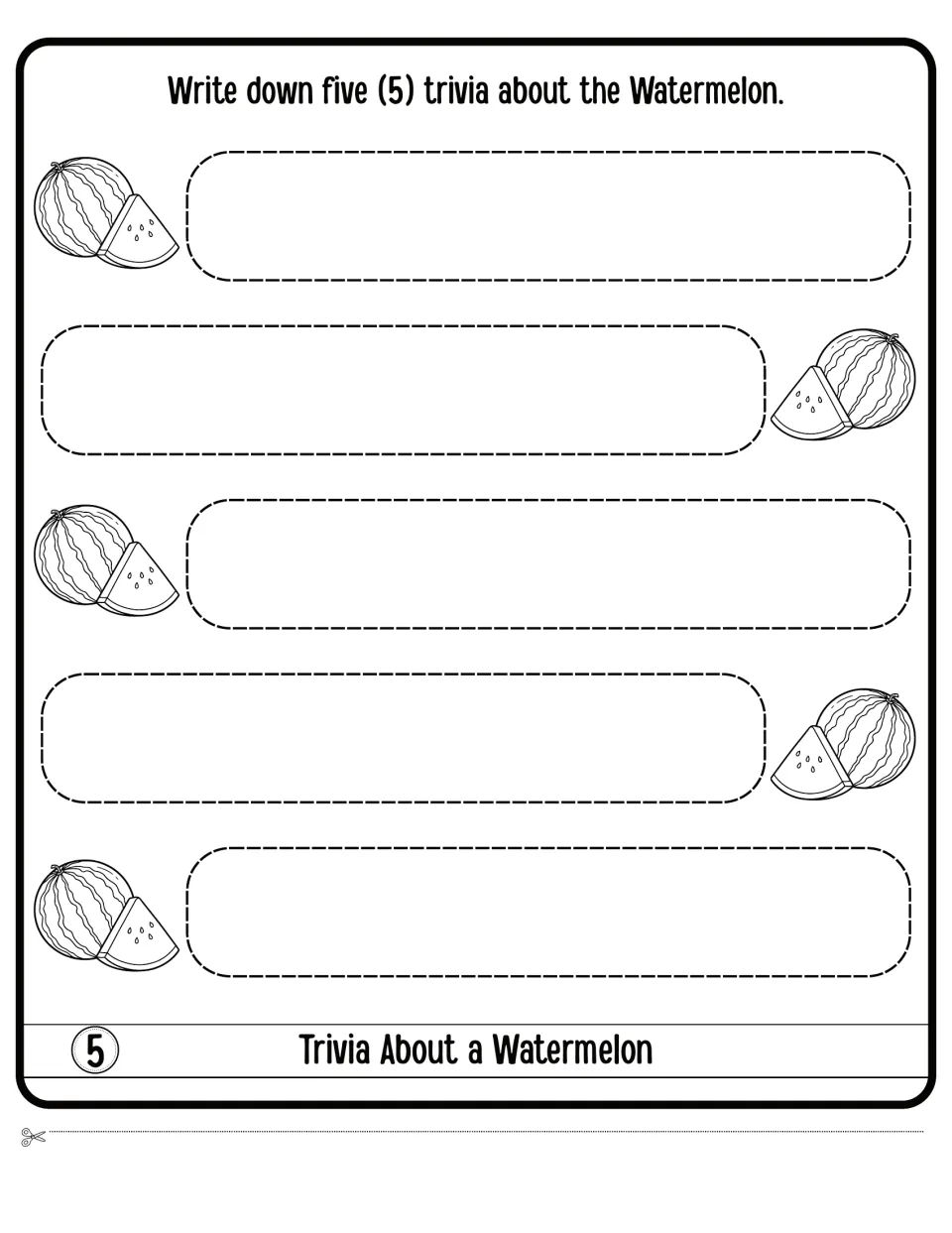 Trivia About a Watermelon: students write down five watermelon facts or trivia, one beside each melon drawing
