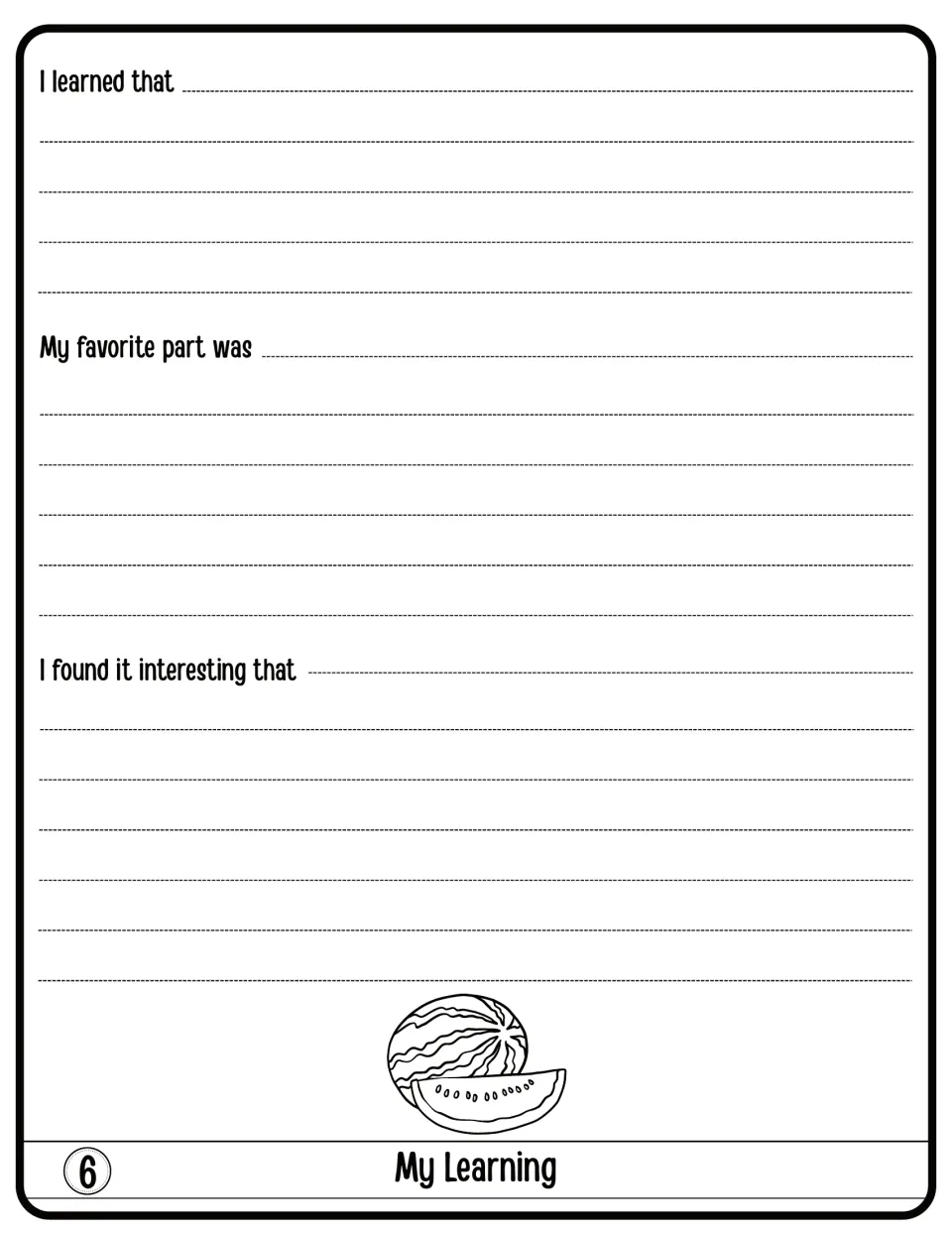 My Learning: students reflect by finishing I learned that, My favorite part was and I found it interesting that