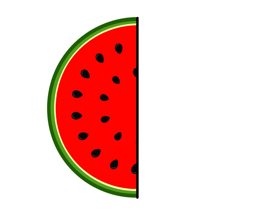 Watermelon slice cut-out piece: left half of a red slice with green rind and black seeds, one side of the craft