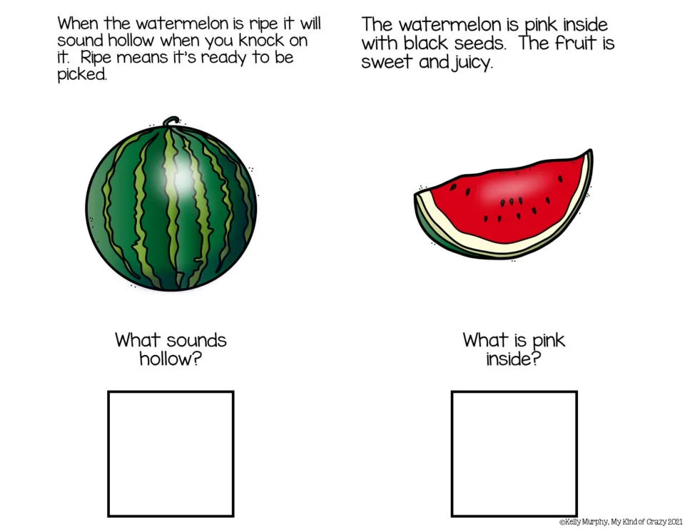 Color book pages describe ripe watermelon and its pink interior, asking what sounds hollow and what is pink inside