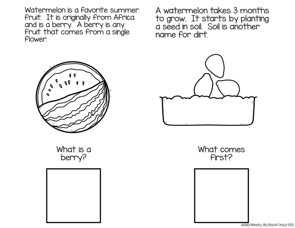 Black-and-white book pages introduce watermelon as a berry and planting seeds, with two comprehension questions