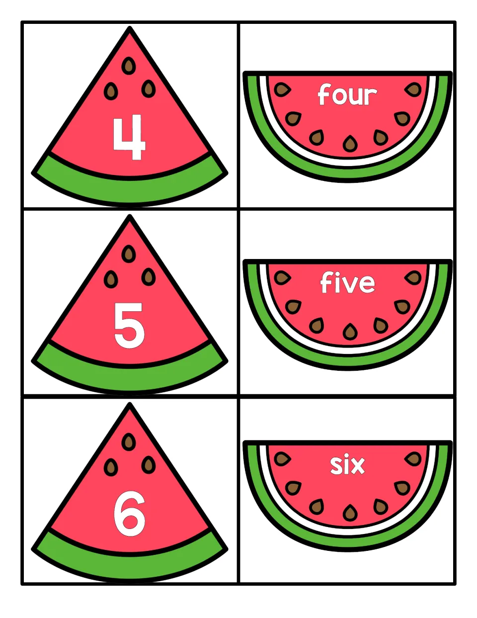 Numbers 4 to 6: wedge cards with numerals 4, 5 and 6 pair with watermelon half-slice cards reading four, five and six