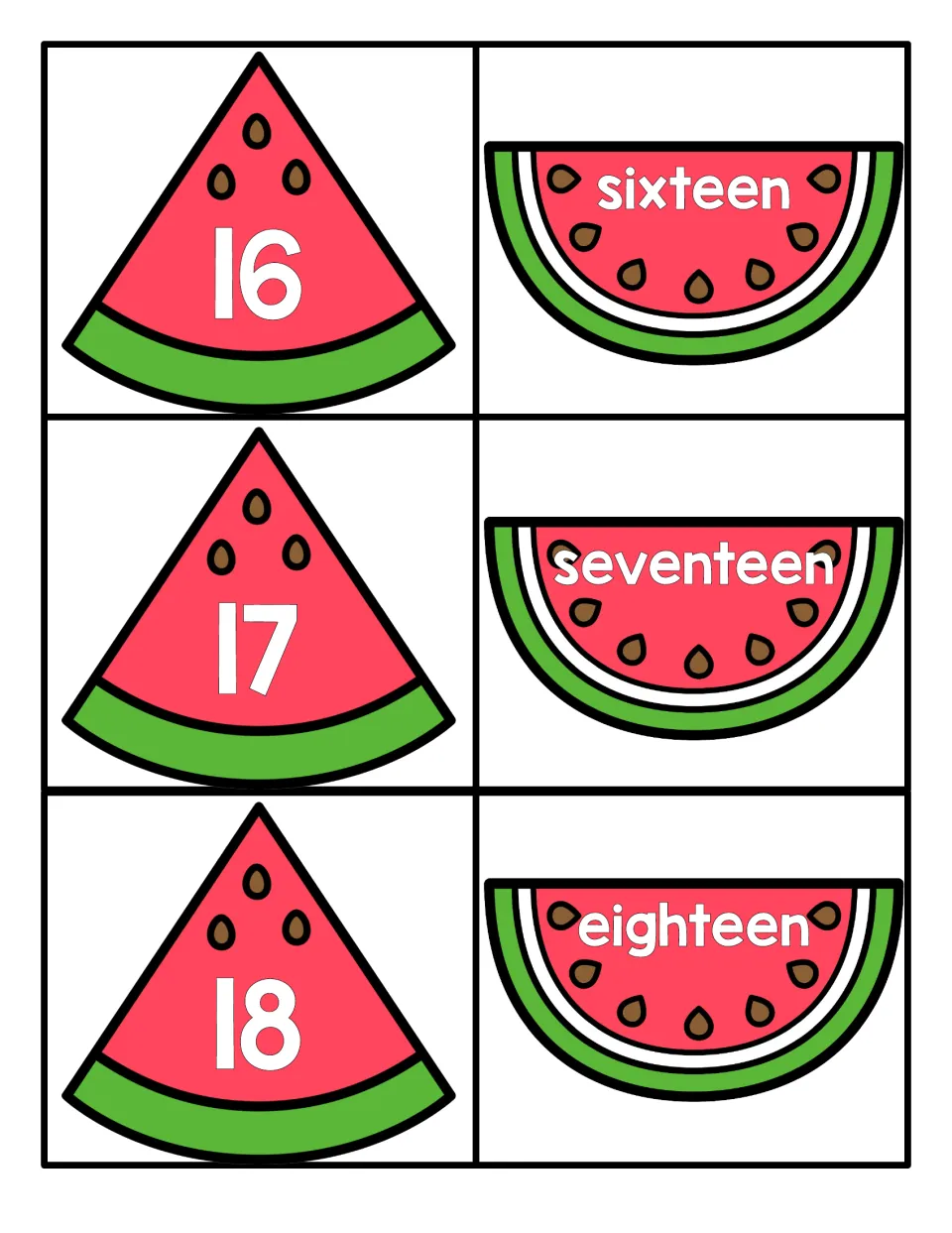 Numbers 16 to 18: watermelon wedges with numerals 16, 17 and 18 pair with half slices reading sixteen, seventeen, eighteen