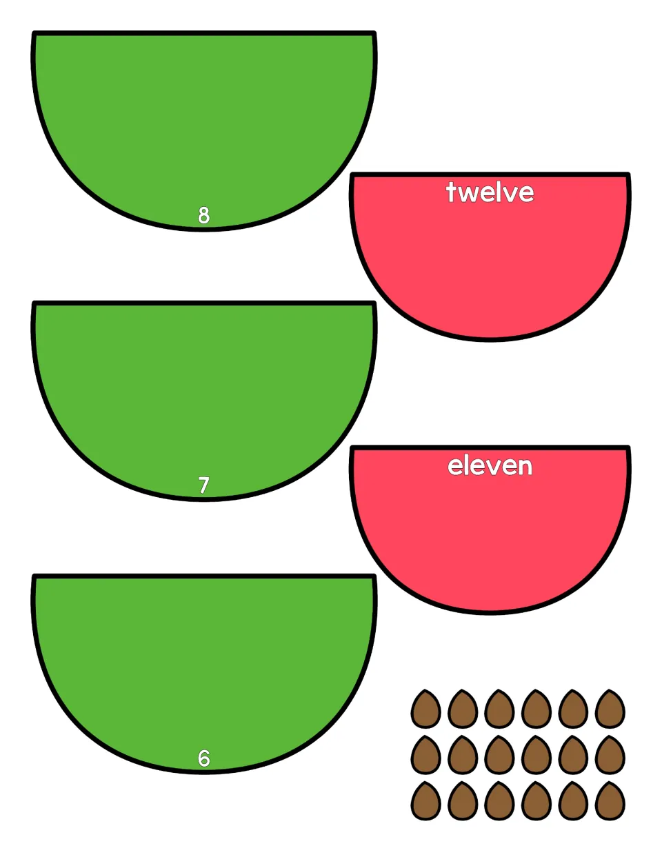 Watermelon cut-outs for 8, 7 and 6 on green rinds, with number-word halves twelve and eleven and a set of brown seeds