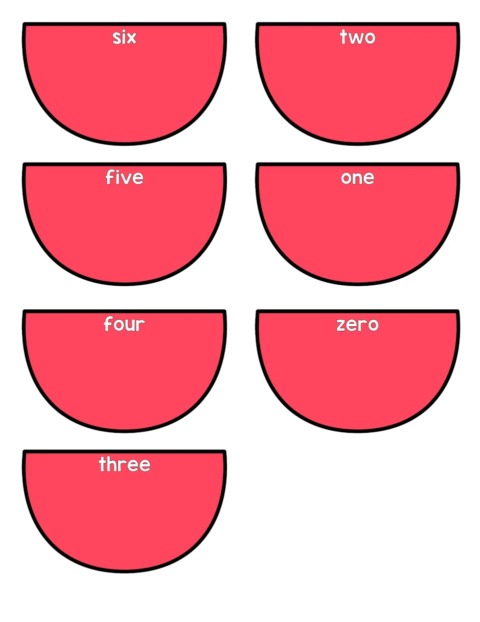 Seven red watermelon cut-out pieces with number words six, five, four, three, two, one and zero to pair with rind numerals