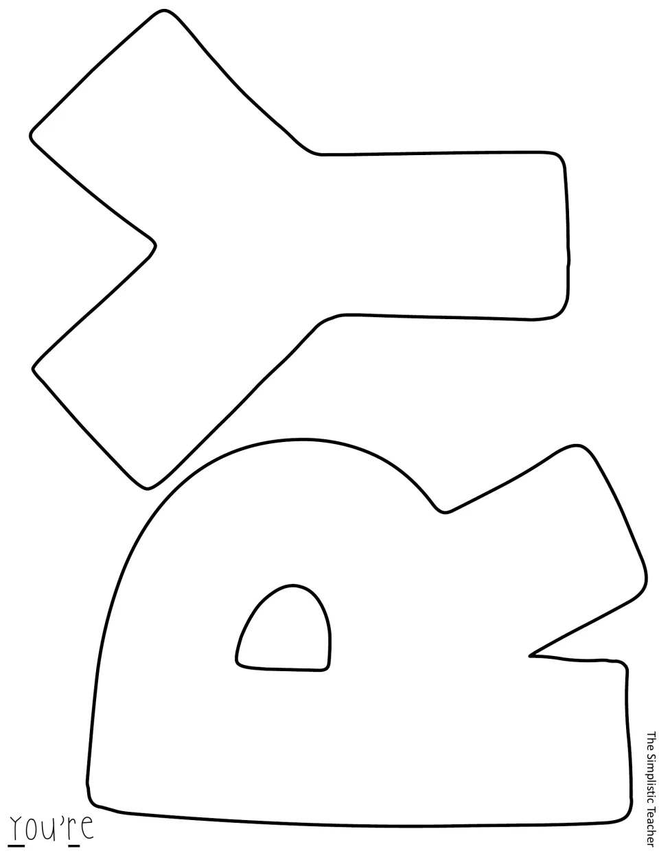 Letter cut-out: uncolored outlines of Y and R for the word You're, with those letters underlined in the corner guide