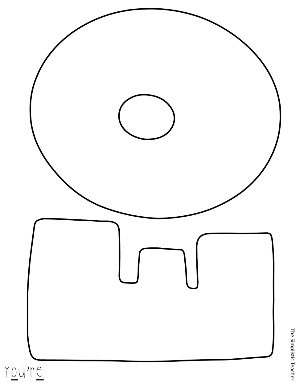 Letter cut-out: uncolored outlines of O and E for the word You're, with those letters underlined in the corner guide