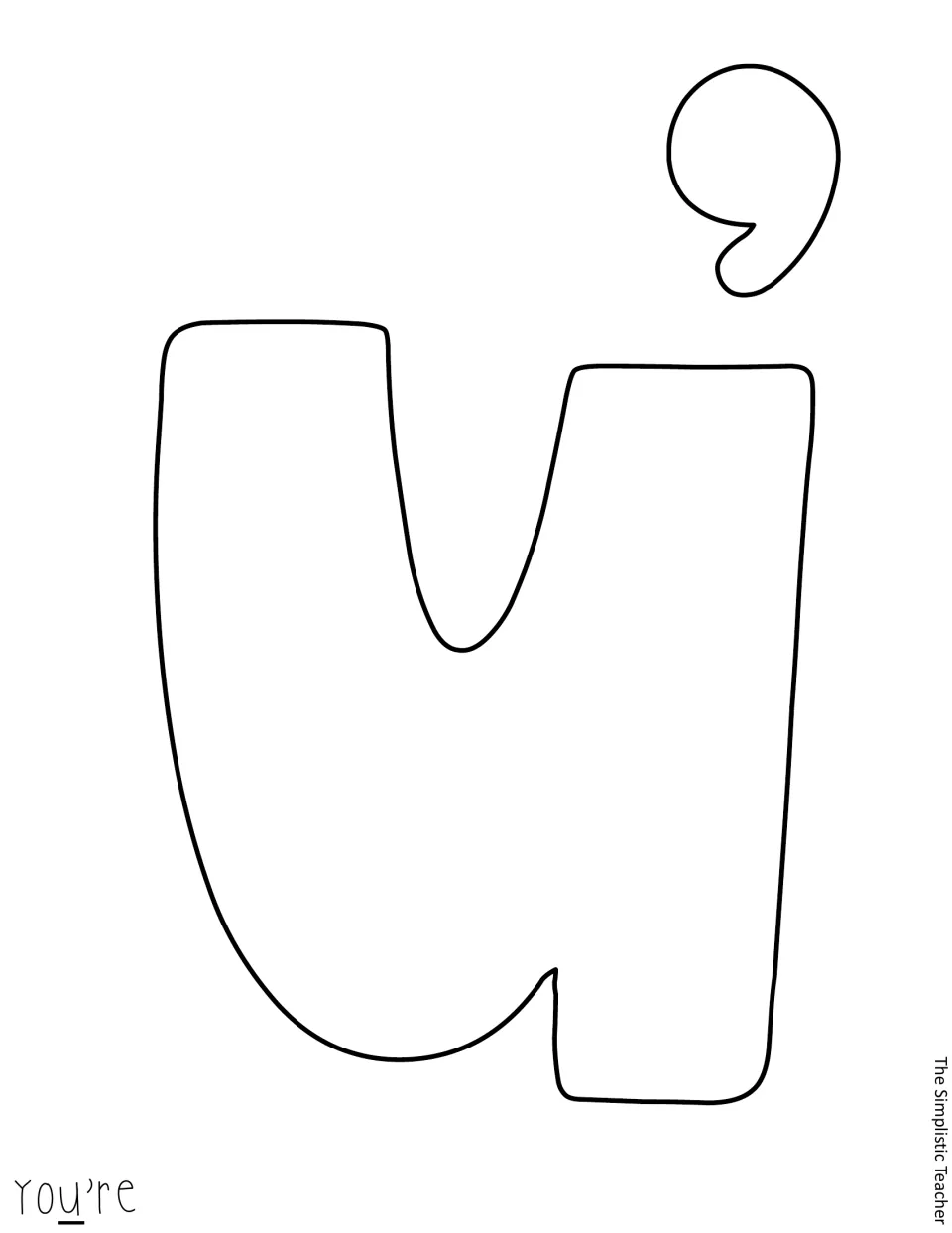 Letter cut-out: uncolored outline of U with an apostrophe for the word You're, with the U underlined in the corner guide