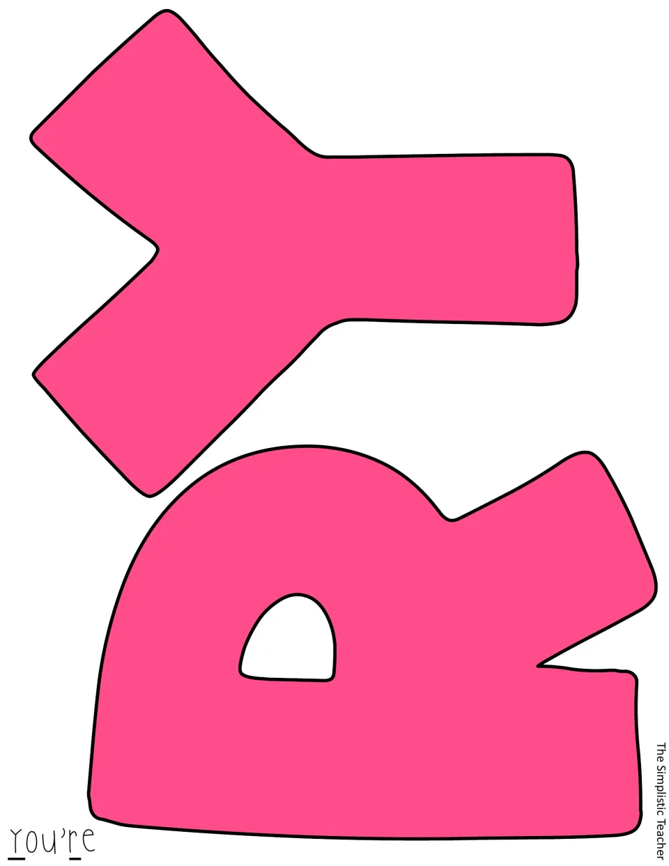 Letter cut-out: pink pre-colored Y and R for the word You're, an alternative to the outline version for printing