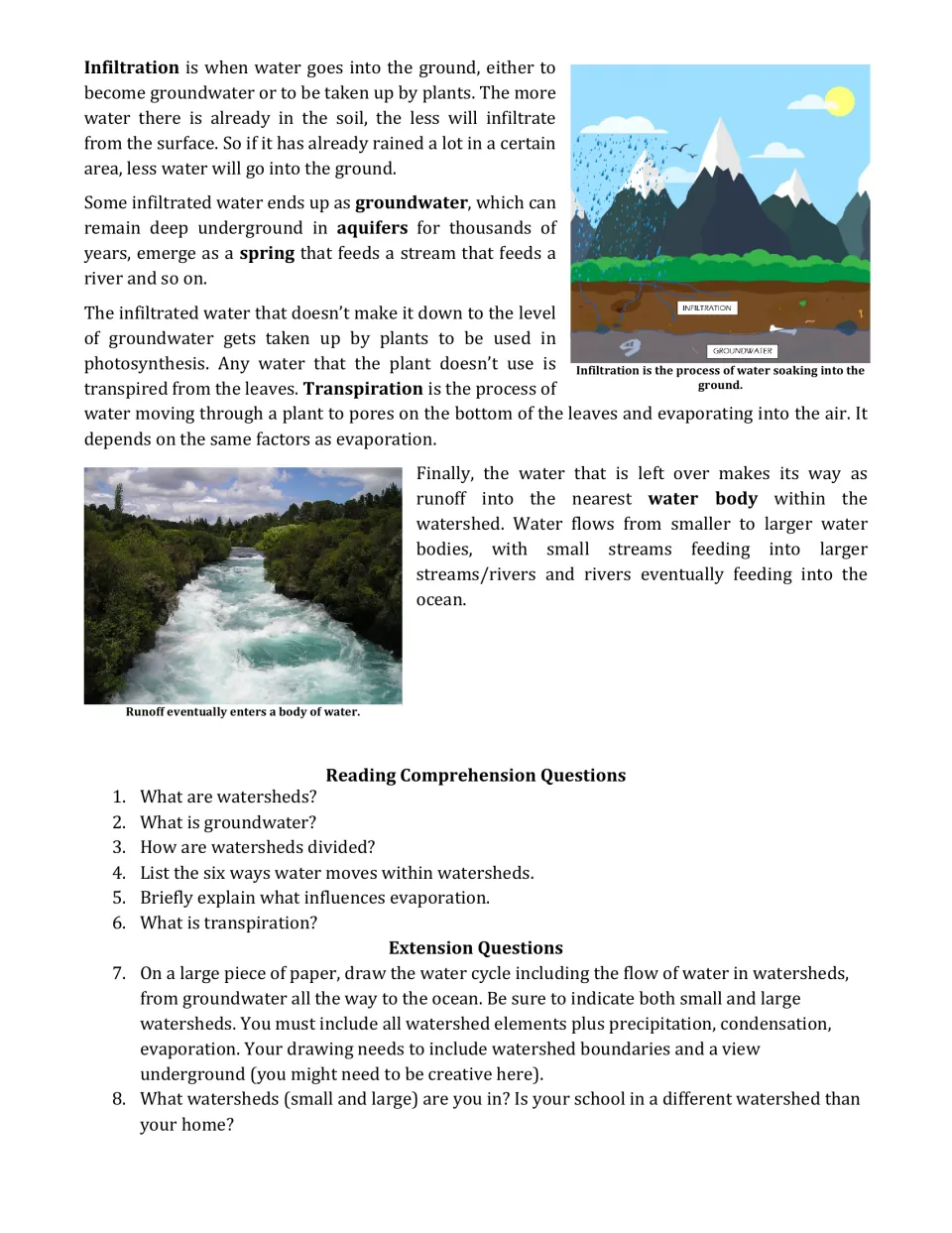 Reading part 2: infiltration, groundwater, and transpiration, plus six comprehension and two extension questions