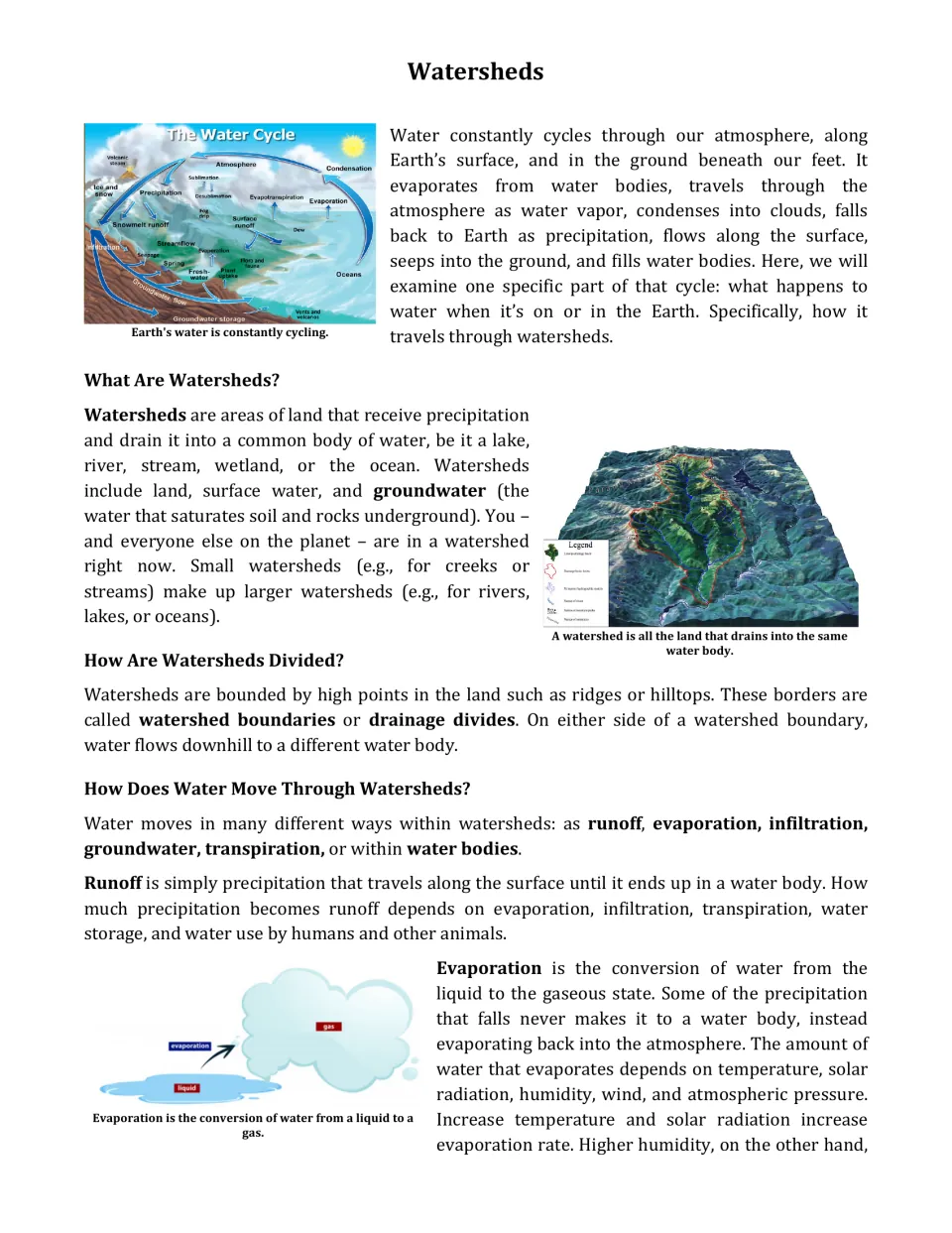 Watersheds article: students read about the water cycle, watershed boundaries, runoff and evaporation, with diagrams