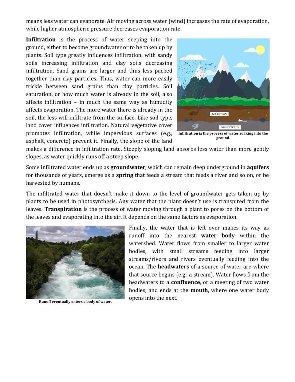 Article continues with infiltration, groundwater, transpiration and headwaters, plus an infiltration diagram