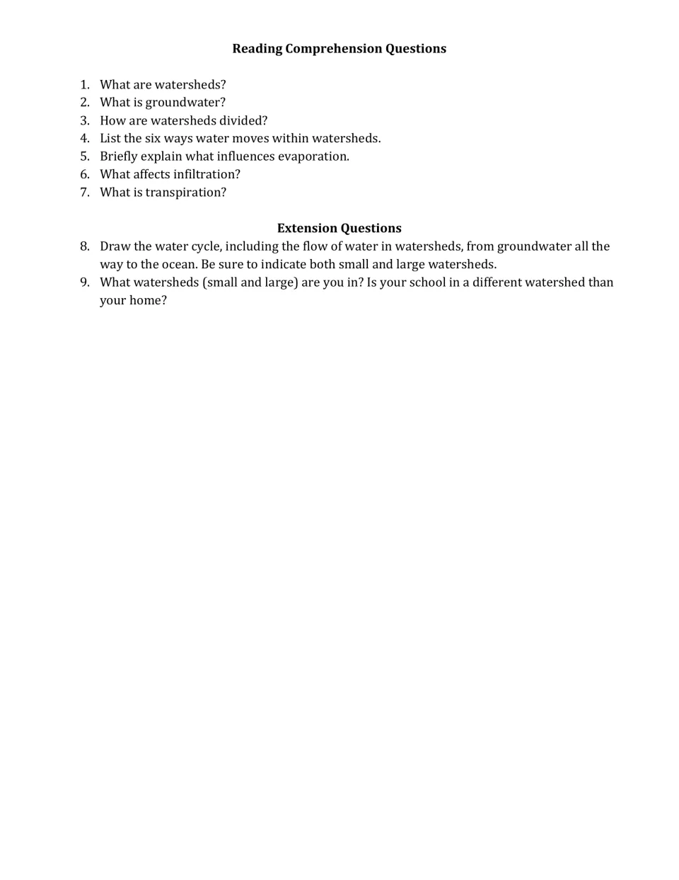 Reading Comprehension Questions: students answer seven recall questions on the article, then two extension questions