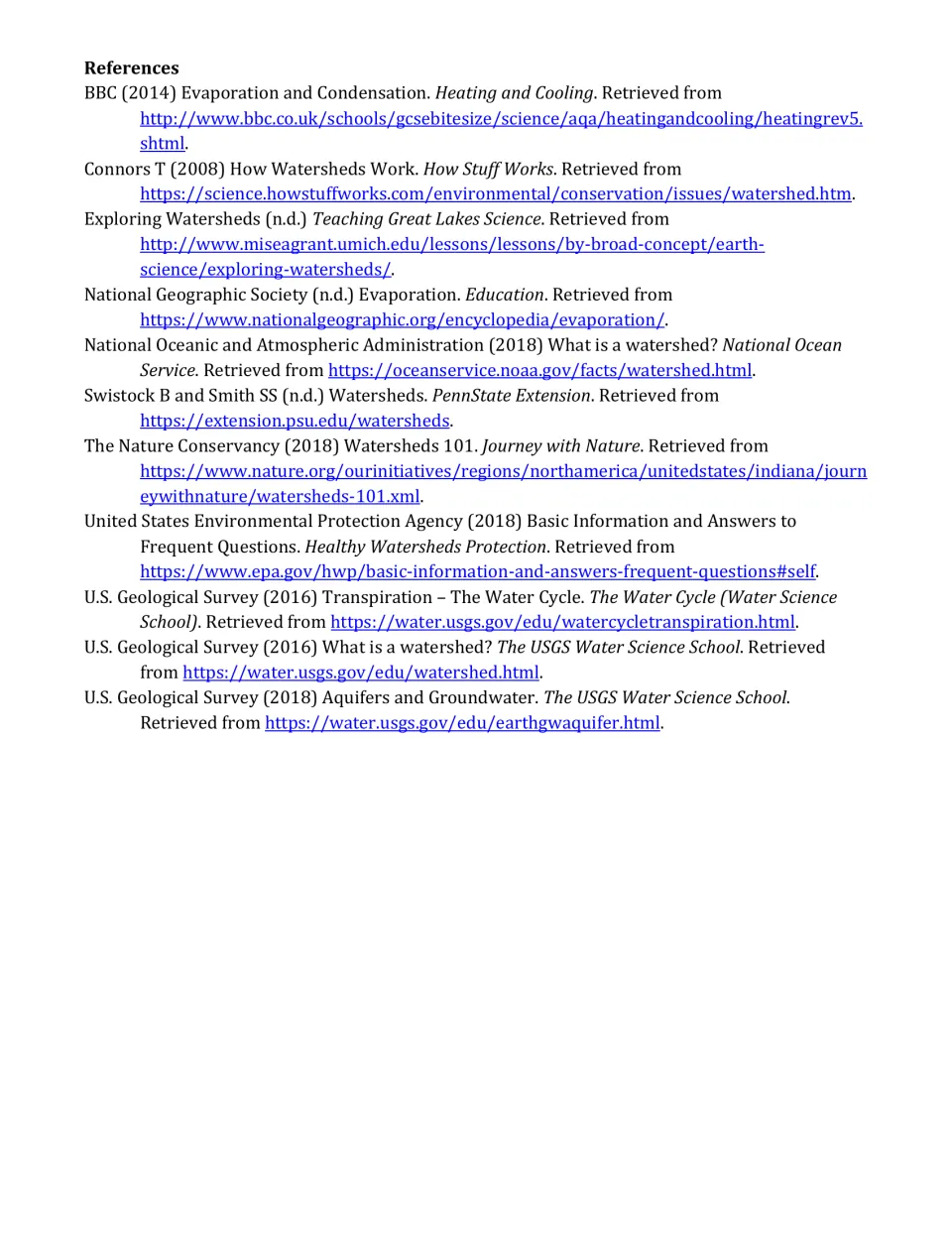 References list of ten sources cited for the watershed article, including NOAA, USGS, EPA and National Geographic