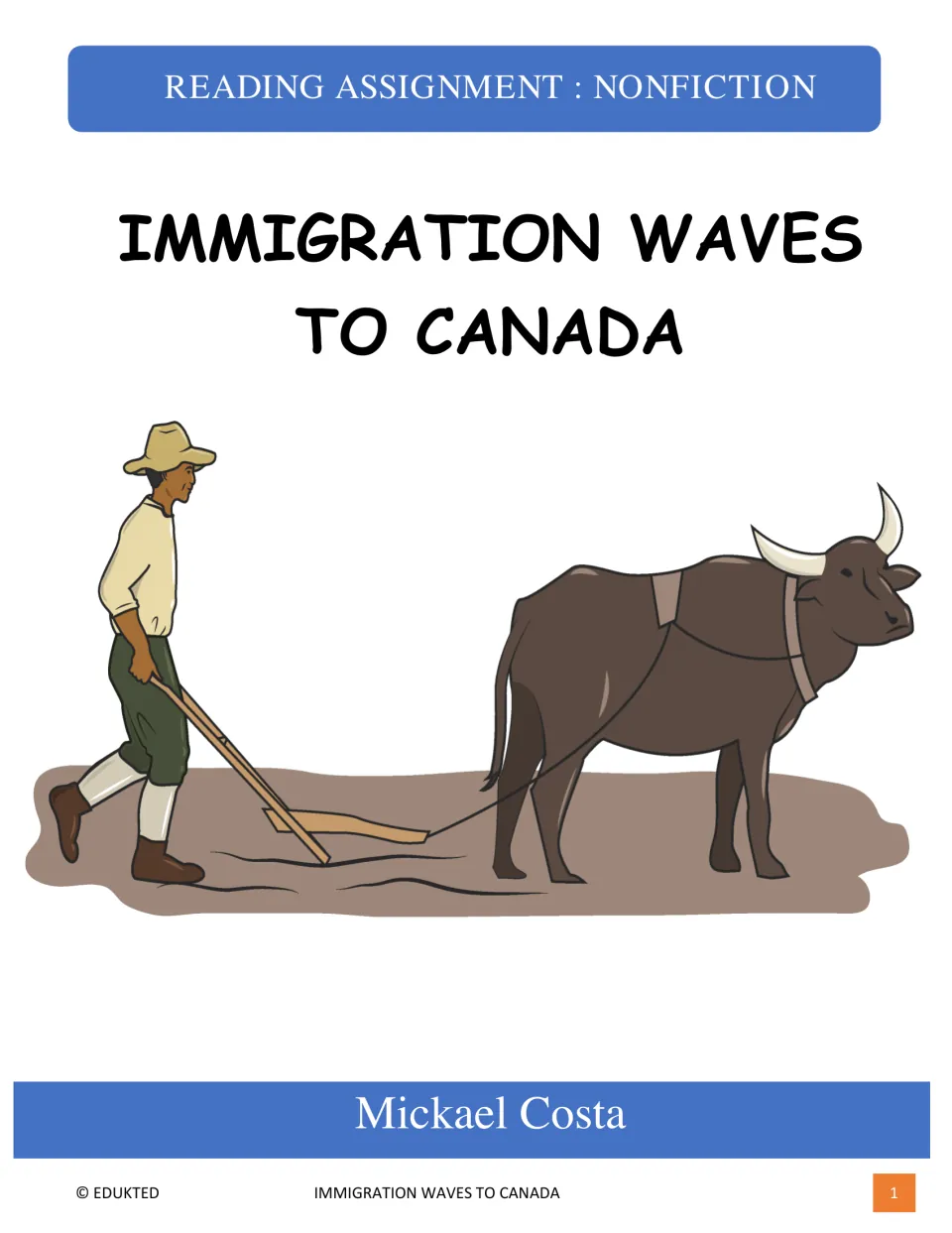 Cover of Immigration Waves to Canada, a nonfiction reading assignment by Mickael Costa, showing a farmer