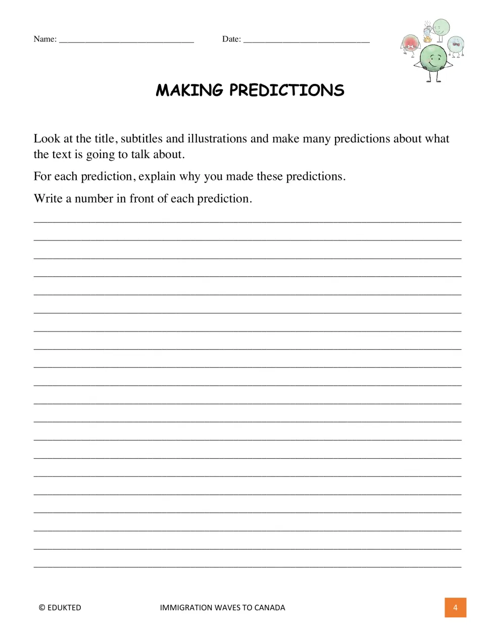 Making Predictions activity asks students to use the title, subtitles, and illustrations and explain each guess