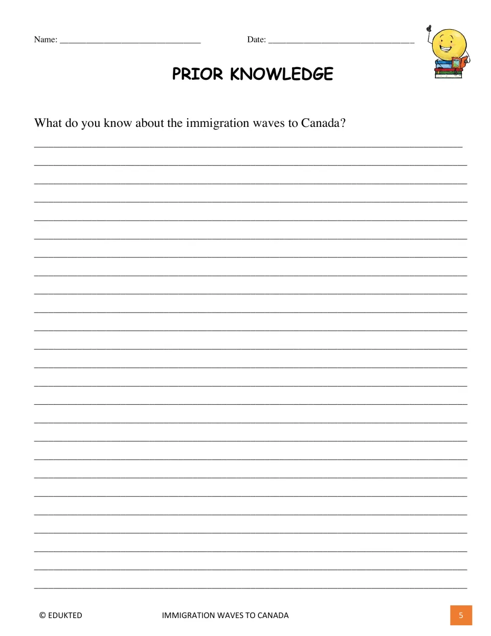 Prior Knowledge activity asks students to write what they already know about immigration waves to Canada