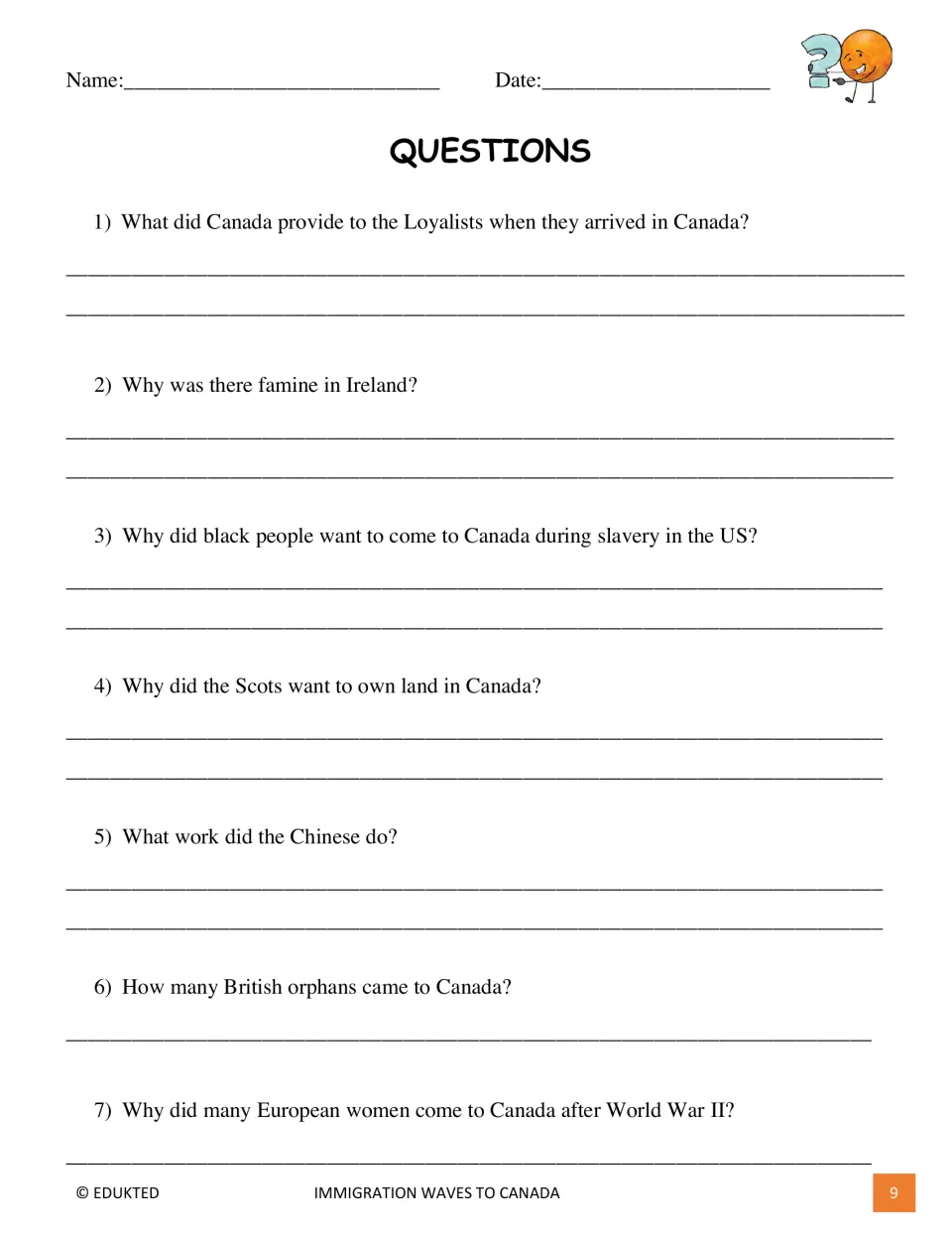 Comprehension questions 1–7 ask about Loyalists, Irish famine, Black migration, Scots, Chinese work, and more