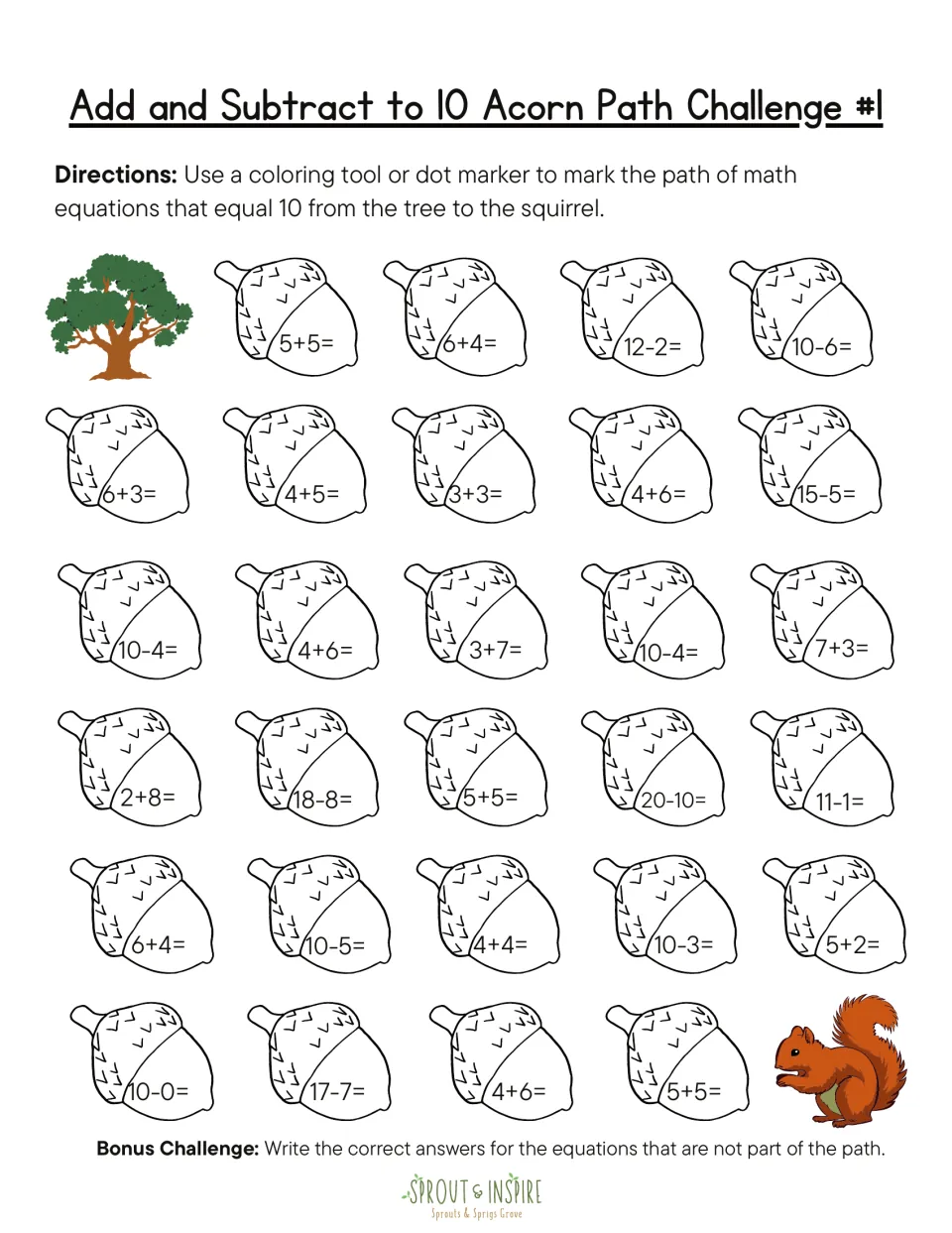 Mixed addition and subtraction acorn path #1: find equations equaling 10, including 12−2, 15−5, and 18−8