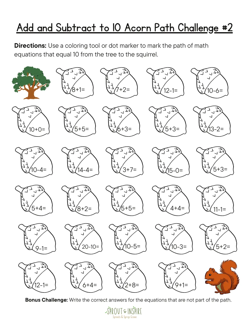Mixed addition and subtraction acorn path #2: find equations equaling 10, including 14−4, 20−10, and 6+4
