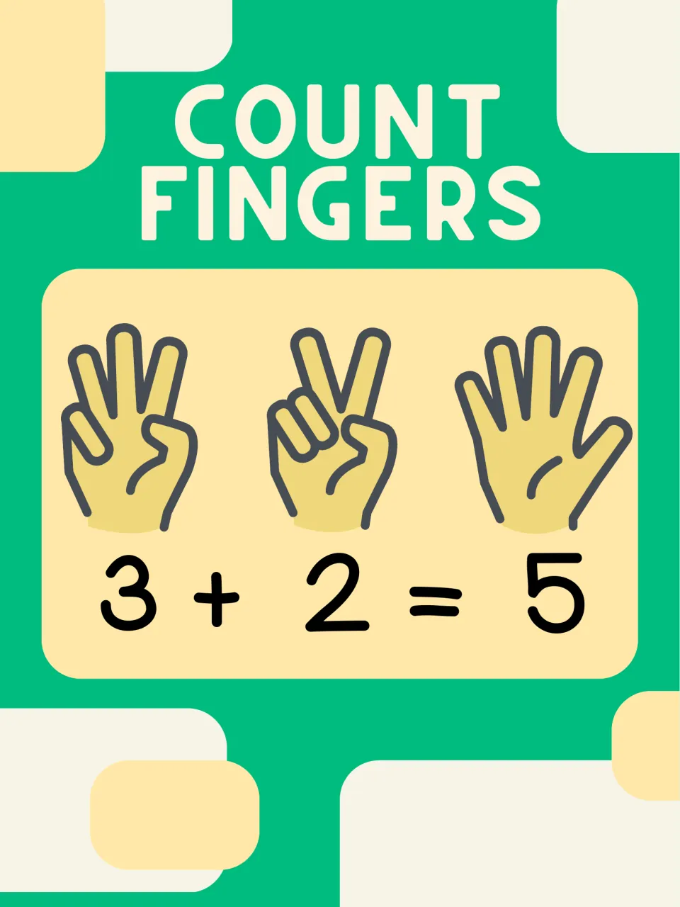 Count fingers poster: hand drawings hold up 3 and then 2, and a third open hand shows the total, modelling 3 + 2 = 5