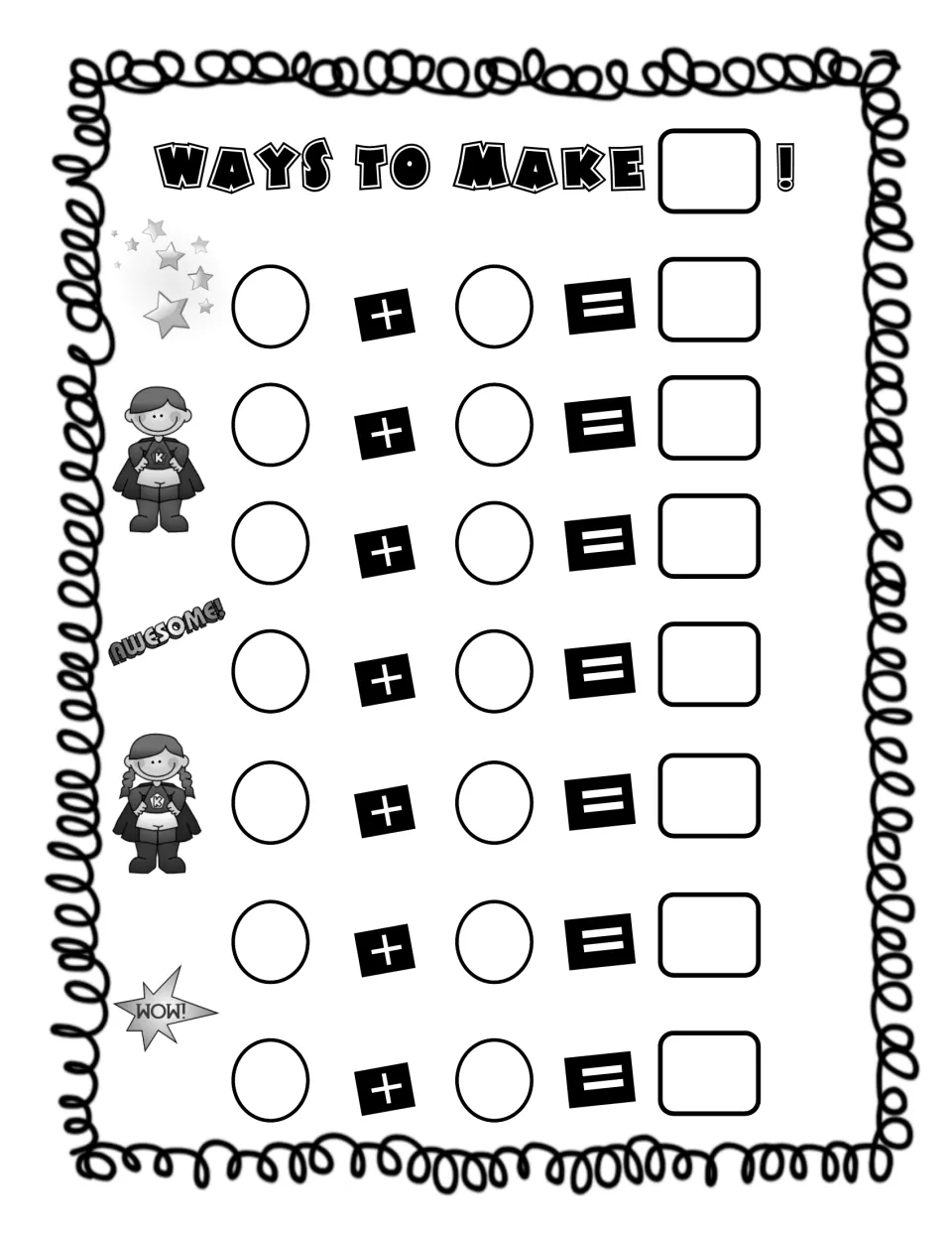 Number decomposition: students write a target number at the top, then fill in 7 addition sentences with addends that make it