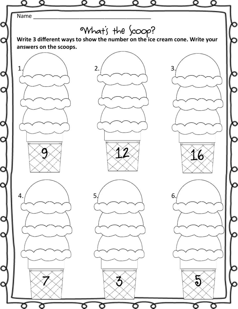 Ways to show a number: students write 3 representations on the scoops of cones numbered 9, 12, 16, 7, 3 and 5