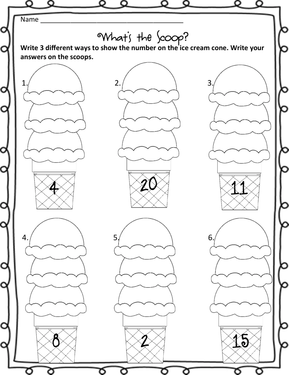 Representing numbers: students write 3 different ways to show 4, 20, 11, 8, 2 and 15 on the ice cream scoops