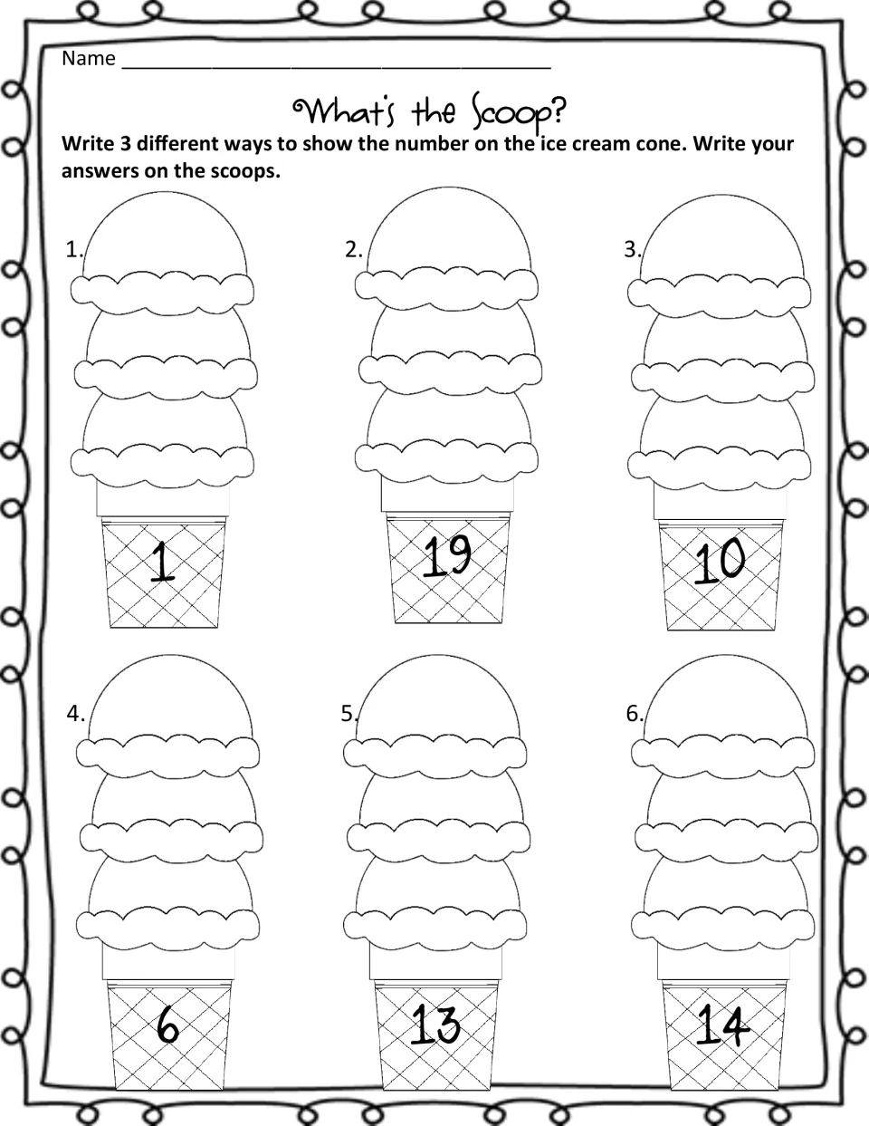 Number representation practice: students show 1, 19, 10, 6, 13 and 14 three ways each, writing on the scoops