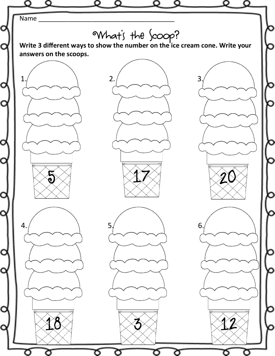 Making numbers different ways: students write 3 forms each for 5, 17, 20, 18, 3 and 12 on the stacked scoops