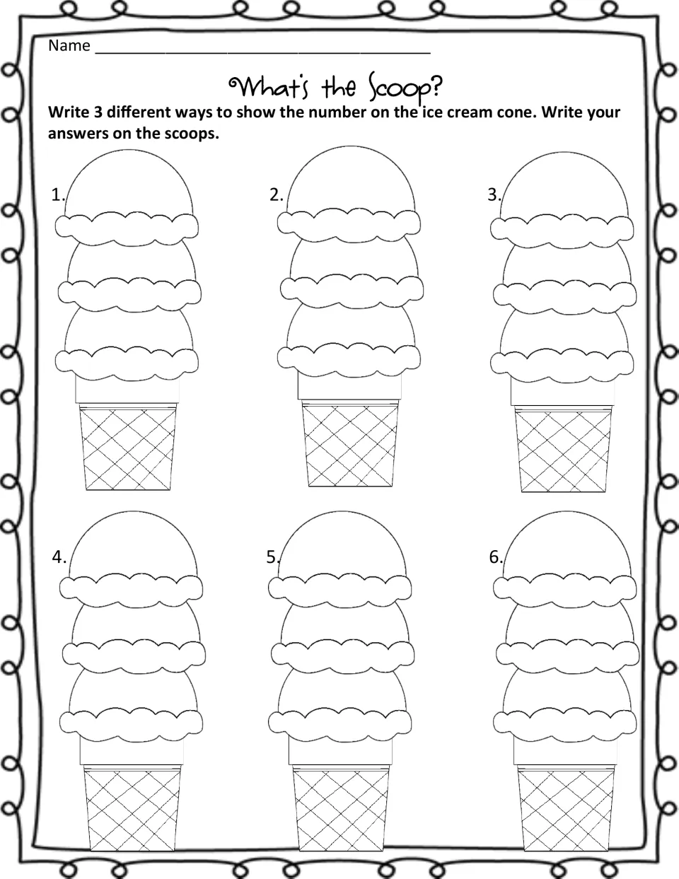 Blank version of the number forms sheet: six unnumbered cones where the teacher fills in numbers for students to show