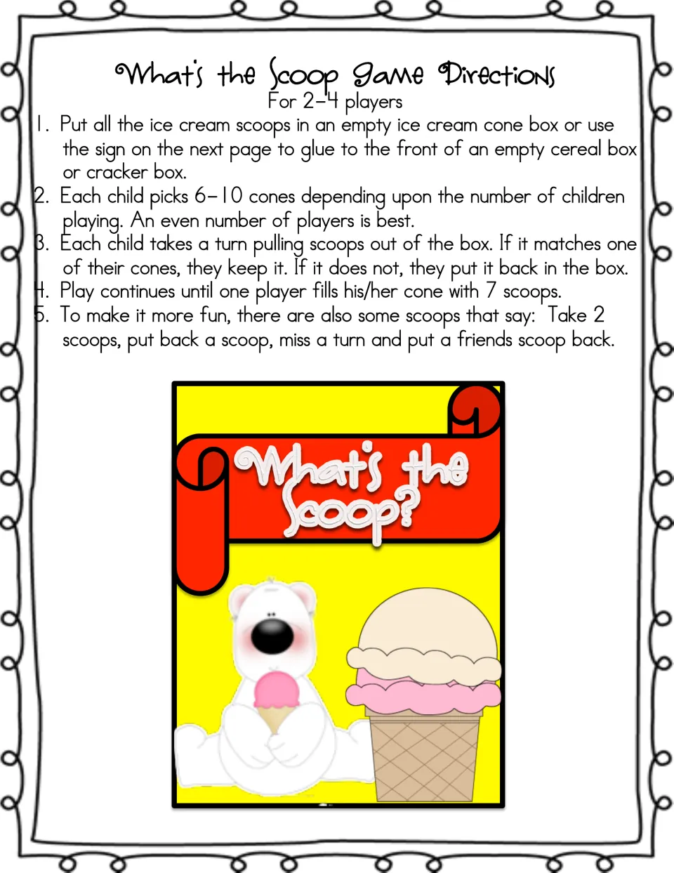 Game directions for 2-4 players: pull scoops from a box, keep ones matching your cones, first to fill a cone with 7 wins