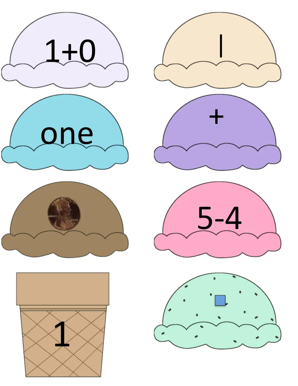 Number 1 game cards: a cone labeled 1 and scoops showing 1+0, a tally, one, a plus sign, a penny, 5-4 and one block