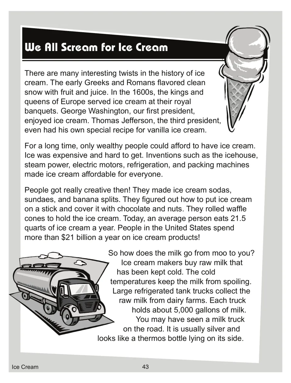 Ice cream history reading passage: Greeks and Romans, presidents, new inventions, and how milk trucks collect raw milk