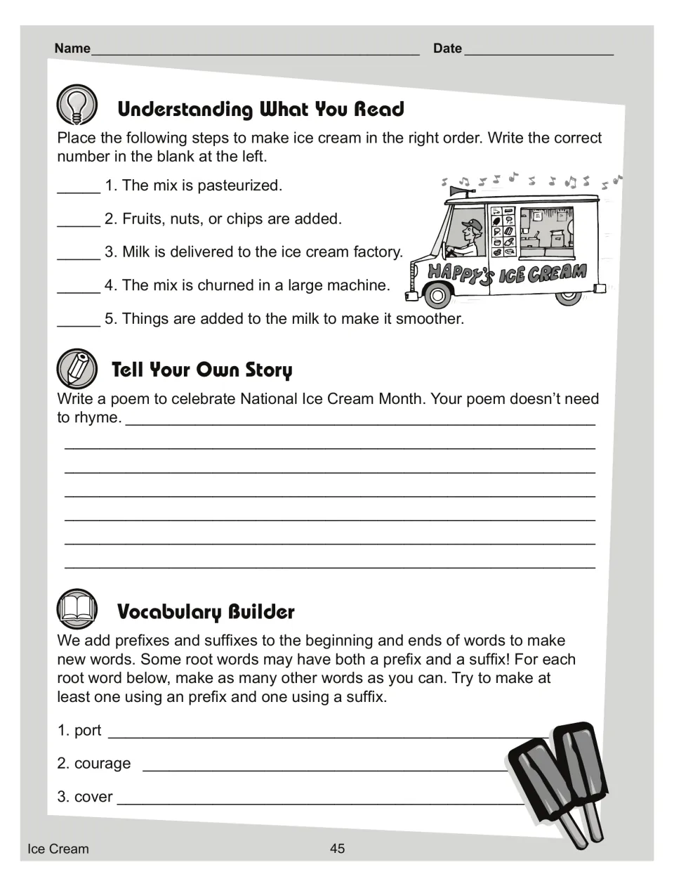 Comprehension: students sequence 5 ice cream making steps, write a poem, and build words from port, courage and cover