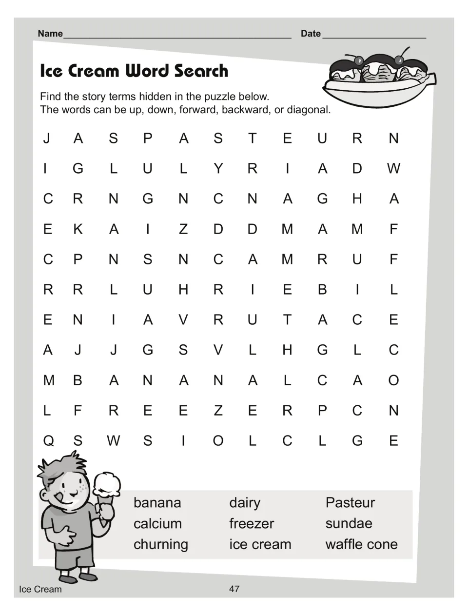 Ice Cream Word Search: students find 9 story terms such as calcium, churning, Pasteur and waffle cone in the puzzle