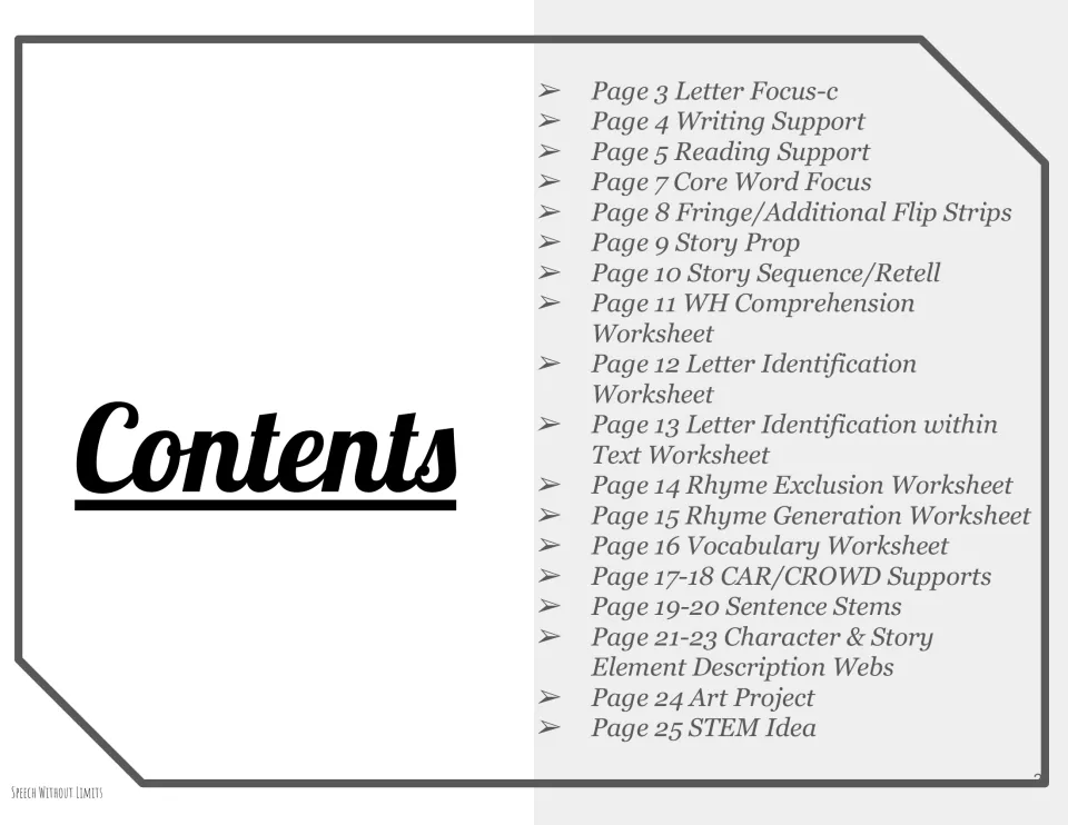 Contents of the packet: letter focus, writing and reading support, core words, story retell, rhyming, art and STEM ideas