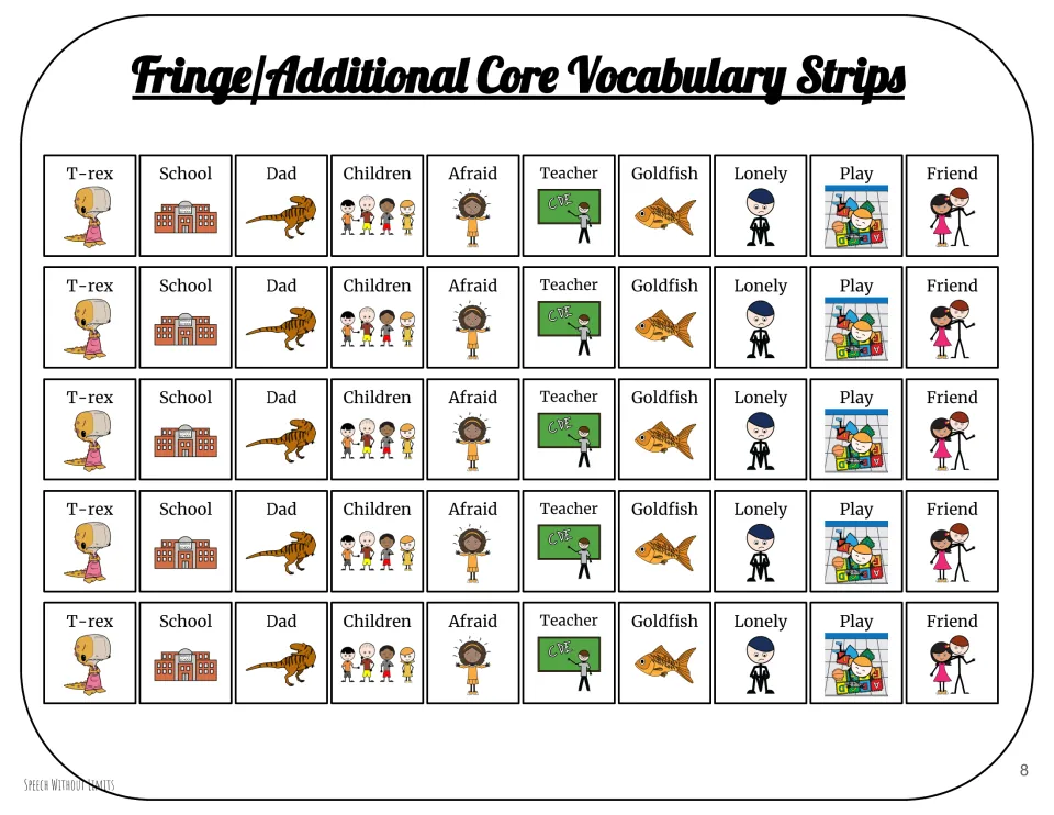 Fringe vocabulary strips: five rows of picture symbols for T-rex, school, dad, children, afraid, teacher and goldfish