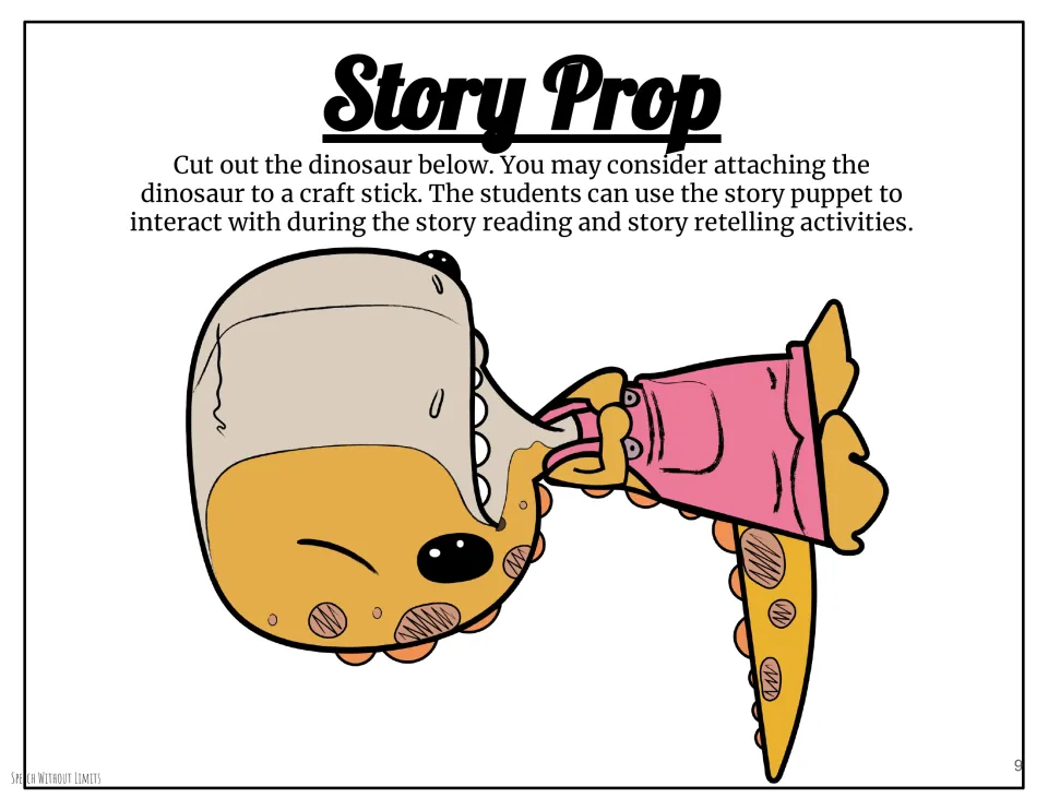 Story prop: a dinosaur in pink overalls to cut out and attach to a craft stick as a puppet for reading and retelling