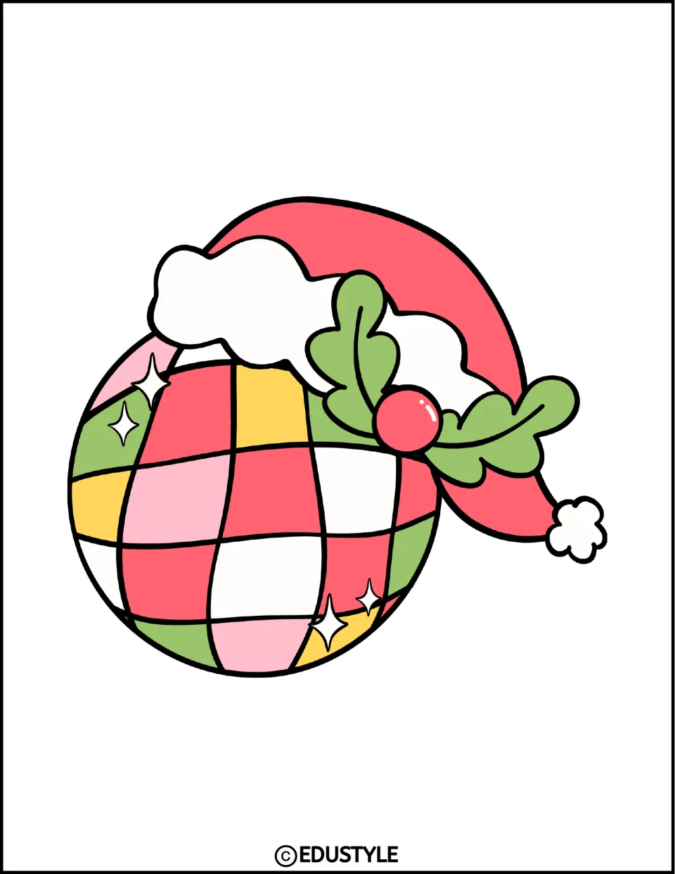 Small Christmas disco ball cutout for the bulletin board kit, with a Santa hat hanging to the right