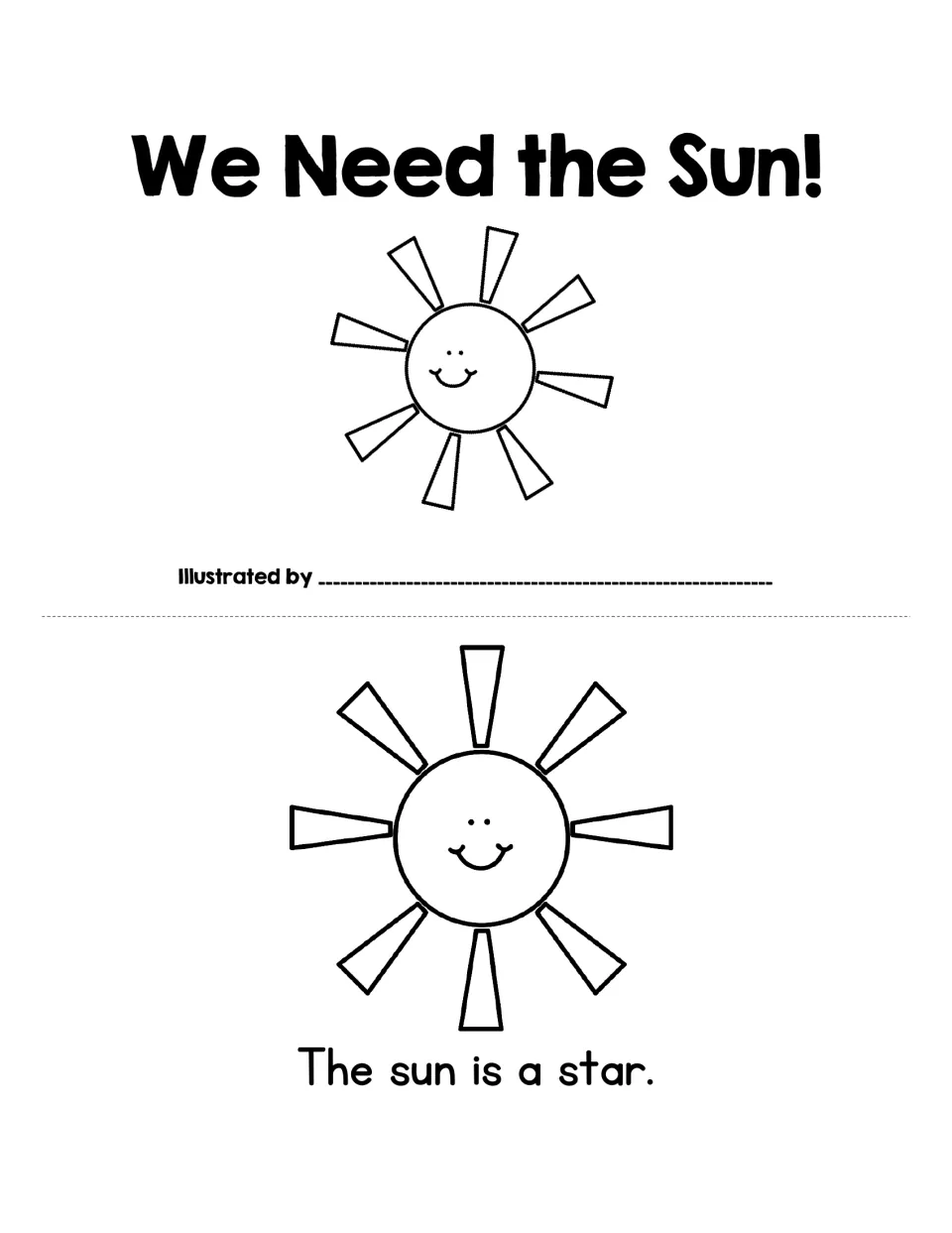 Sun mini book: title page for the illustrator's name, then 'The sun is a star' with a smiling sun to color