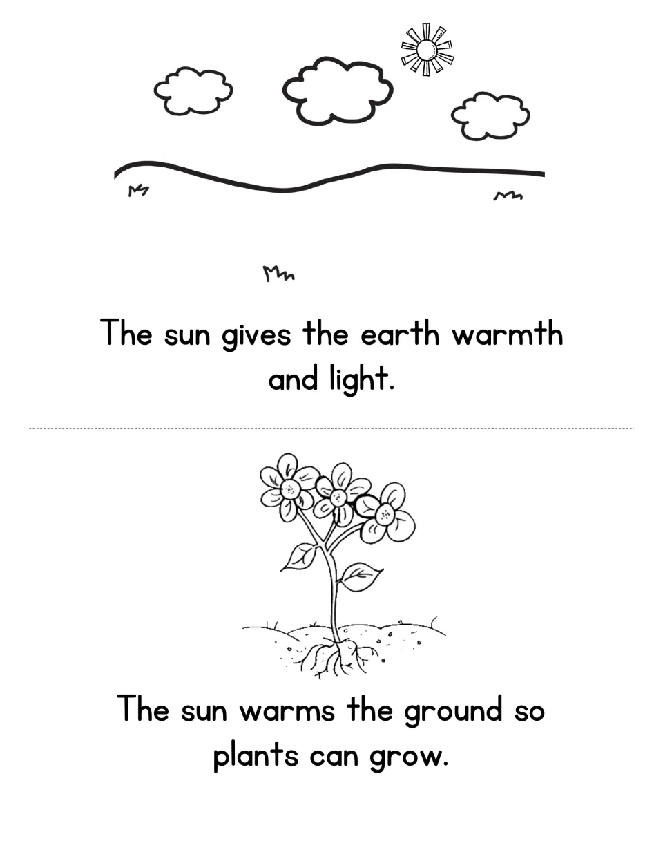 Mini book: the sun gives the earth warmth and light, and warms the ground so plants can grow, with pictures to color