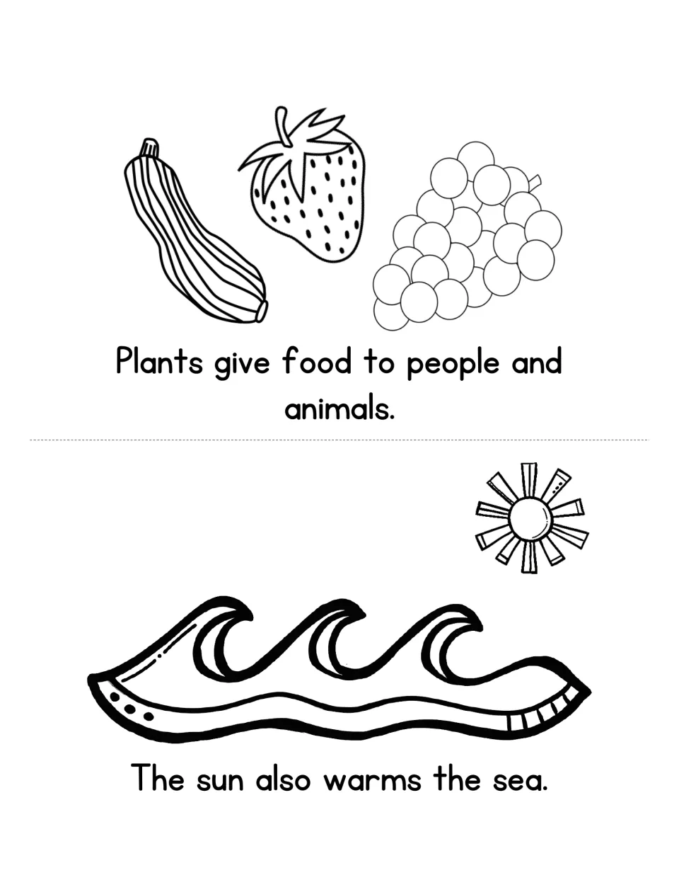 Mini book: plants give food to people and animals, and the sun also warms the sea, with fruit and wave drawings