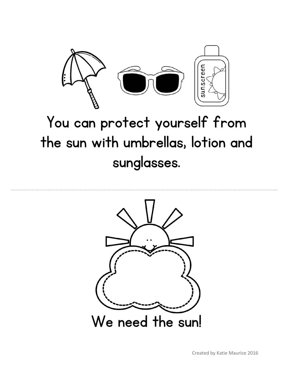 Sun safety mini book pages: umbrellas, sunscreen lotion and sunglasses protect us from the sun, then a closing sun page