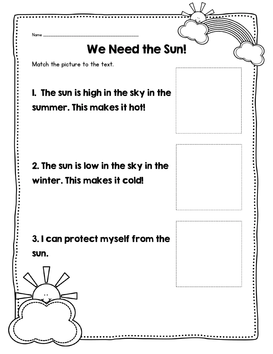 Sun sentence matching: students pick a picture for each of three sentences about summer sun, winter sun and sun protection