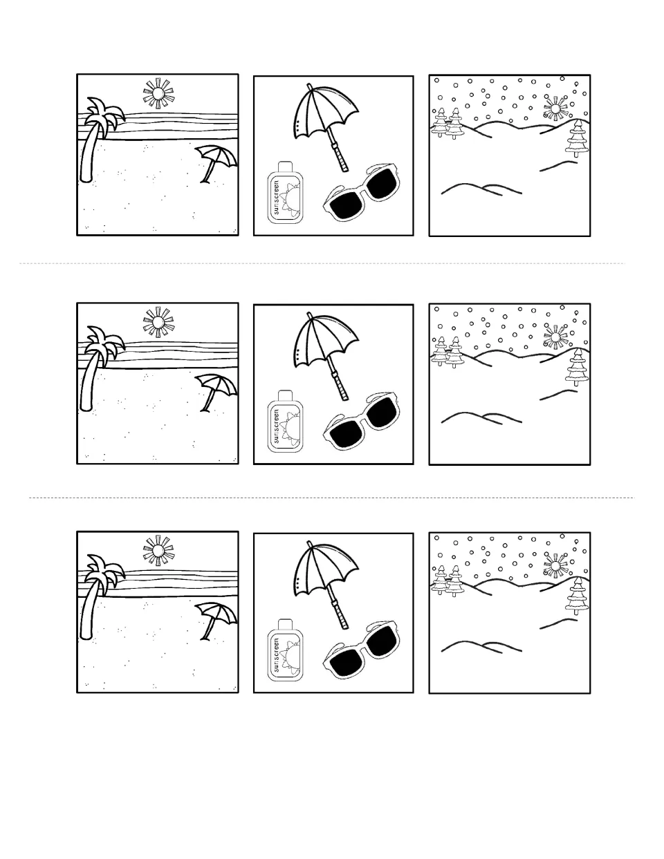 Matching cards to cut out: beach scene, umbrella with sunscreen and sunglasses, and snowy winter scene, three sets per page