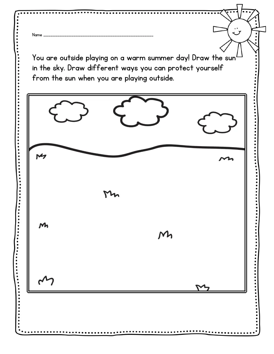Sun protection drawing prompt: students draw the sun in a summer sky plus ways to protect themselves while playing outside